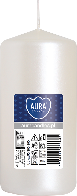 Bispol Aura sw50/100-190 Perłowa Biel świeca walec 5x10cm - 20 godzin