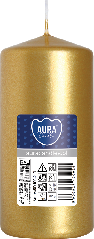 Bispol Aura sw50/100-213 Złoty Metalik świeca walec 5x10cm - 20 godzin
