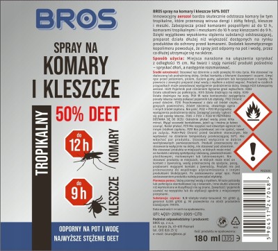 Bros środek przeciw komarom i kleszczom 50% deet w sprayu 180ml