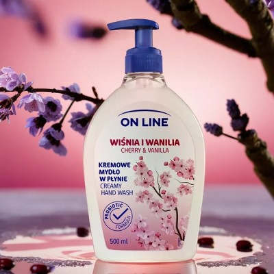 On Line Wiśnia i Wanilia kremowe mydło w płynie z prebiotykiem i dozownikiem 500ml