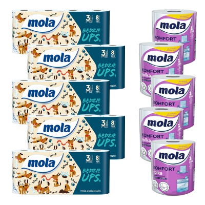 Mola Zestaw Będzie UPS papier toaletowy 8 rolek x 5 sztuk oraz Komfort ręcznik papierowy x5 sztuk