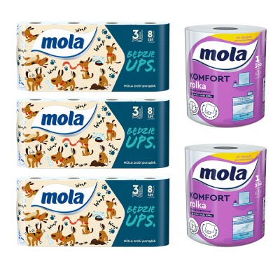 Mola Zestaw Będzie UPS papier toaletowy 8 rolek x 3 sztuki oraz Komfort ręcznik papierowy x2 sztuki