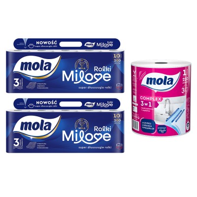 Mola Zestaw Milove papier toaletowy 10 rolek x 2 sztuki oraz Complex ręcznik papierowy 1 sztuka