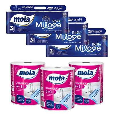 Mola Zestaw Milove papier toaletowy 10 rolek x 3 sztuki oraz Complex ręcznik papierowy 3 sztuki