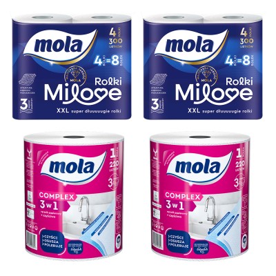 Mola Zestaw Milove papier toaletowy 4 rolki x 2 sztuki oraz Complex ręcznik papierowy 2 sztuki