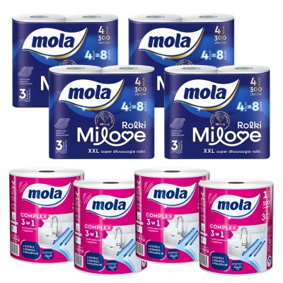 Mola Zestaw Milove papier toaletowy 4 rolki x 4 sztuki oraz Complex ręcznik papierowy 4 sztuki