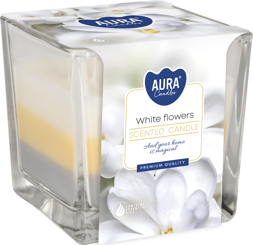Bispol Aura snk80-179 BIAŁE KWIATY trójkolorowa świeca zapachowa w szkle - 32H