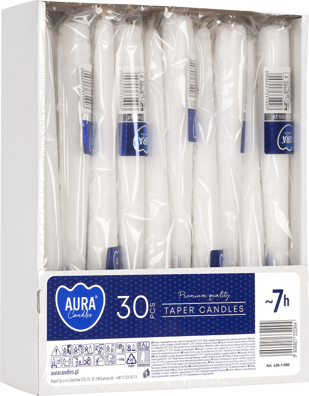 Bispol Aura s30-1-090 BIAŁA świeca stołowa stożek - 30 sztuk