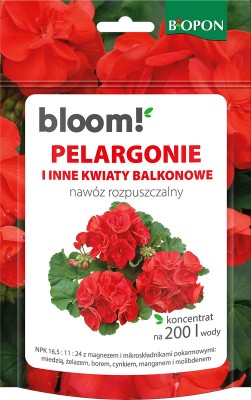 Biopon bloom! rozpuszczalny nawóz koncentrat do pelargoni i innych kwiatów balkonowych 200g