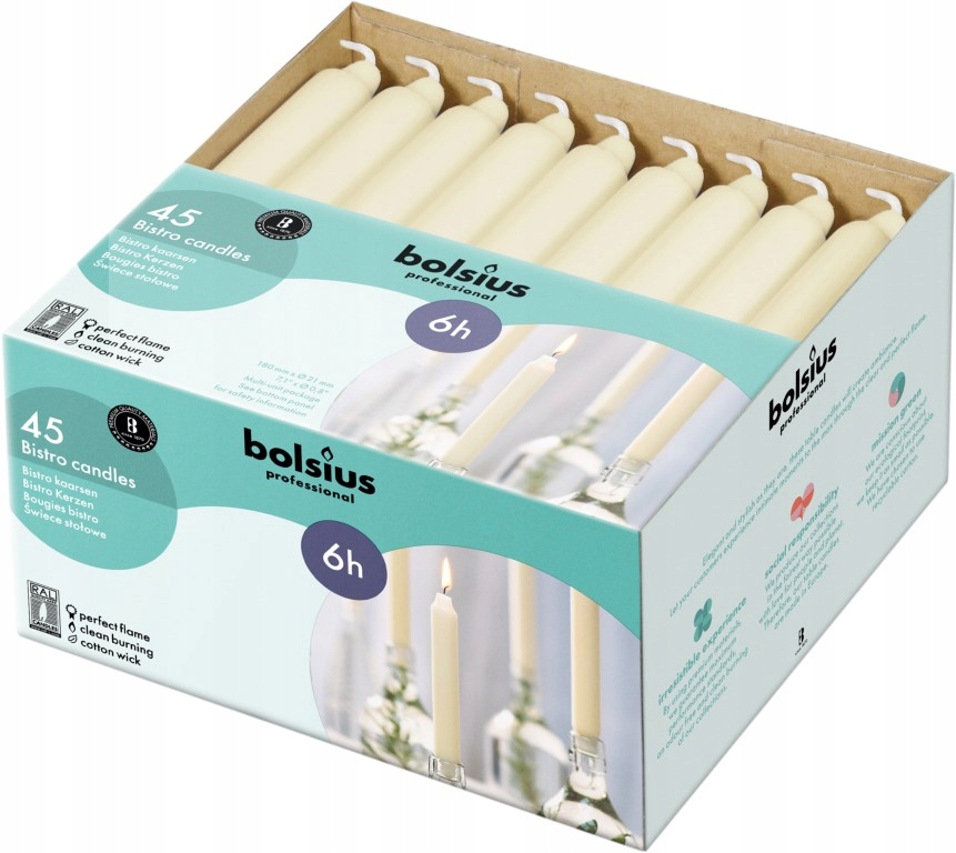 Bolsius Kremowa świeca stołowa 180/21,3mm - 45 sztuk