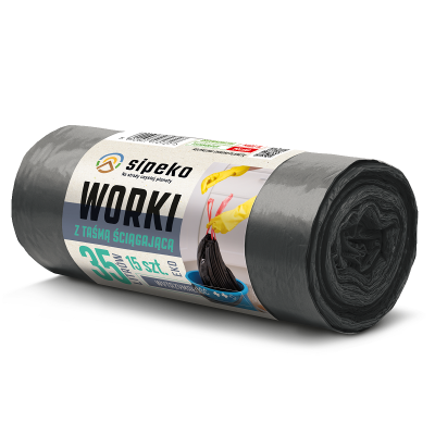 Sipeko worki na śmieci z taśmą ściągającą czarne 25mic / 50x60cm / 35 litrów / 15 sztuk