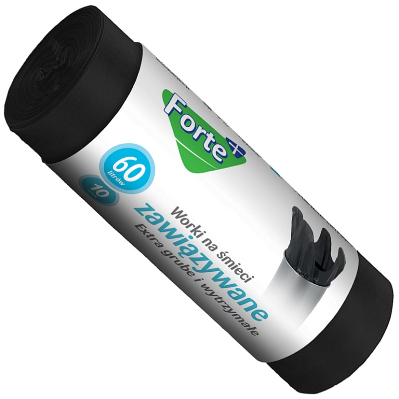 Forte+ worki na śmieci extra grube zawiązywane LDPE czarne 60l / 10 sztuk