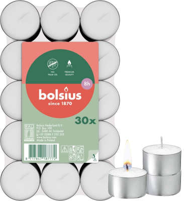 Bolsius podgrzewacze bezzapachowe białe 8 godzinne w stosie 30 sztuk