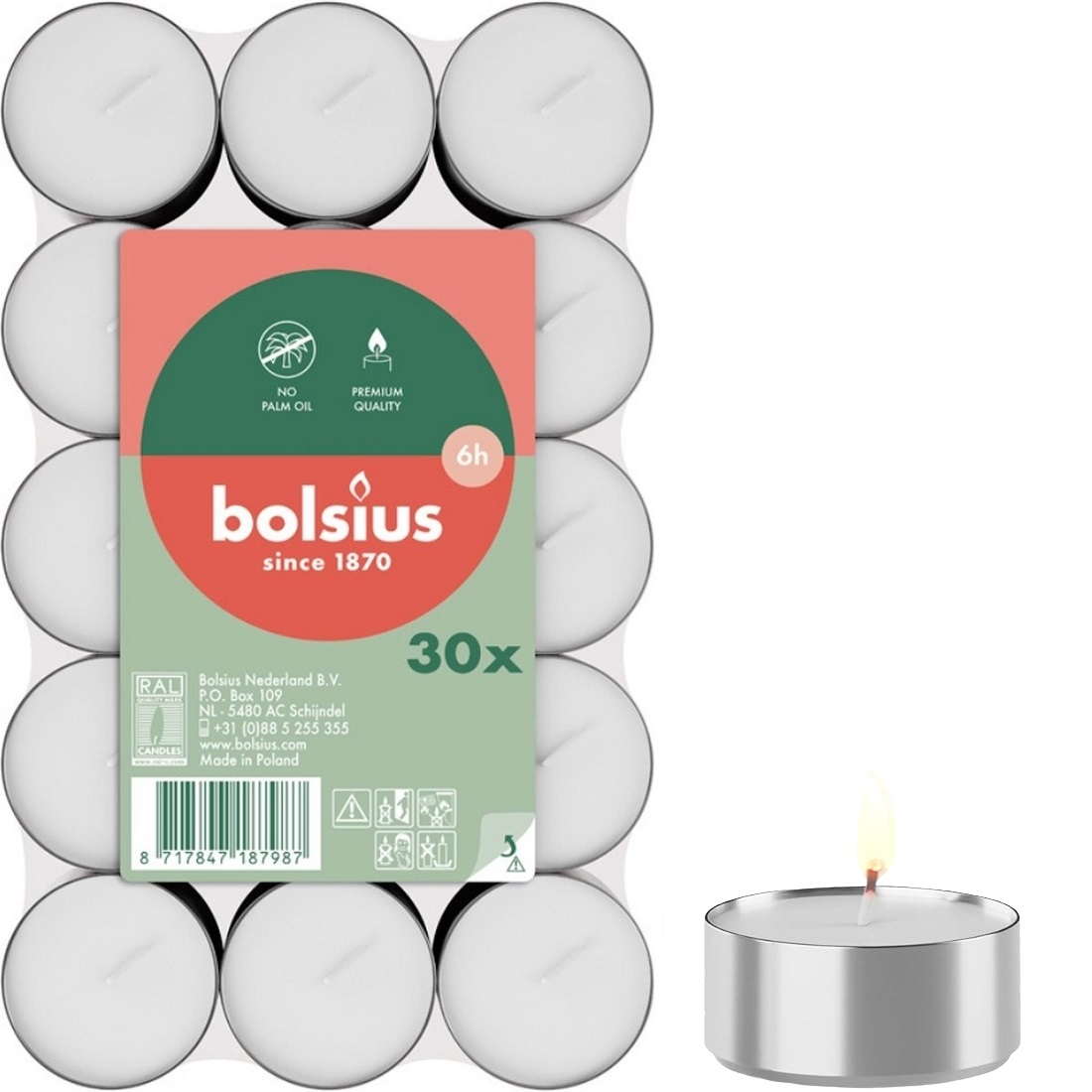 Bolsius podgrzewacze bezzapachowe białe 6 godzinne w stosie 30 sztuk