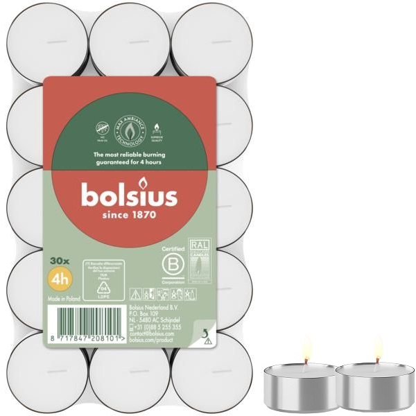 Bolsius podgrzewacze bezzapachowe białe 4 godzinne w stosie 30 sztuk