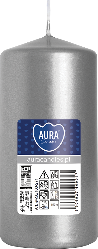 Bispol Aura sw50/100-271 Srebrny Metalik świeca walec 5x10cm - 20 godzin