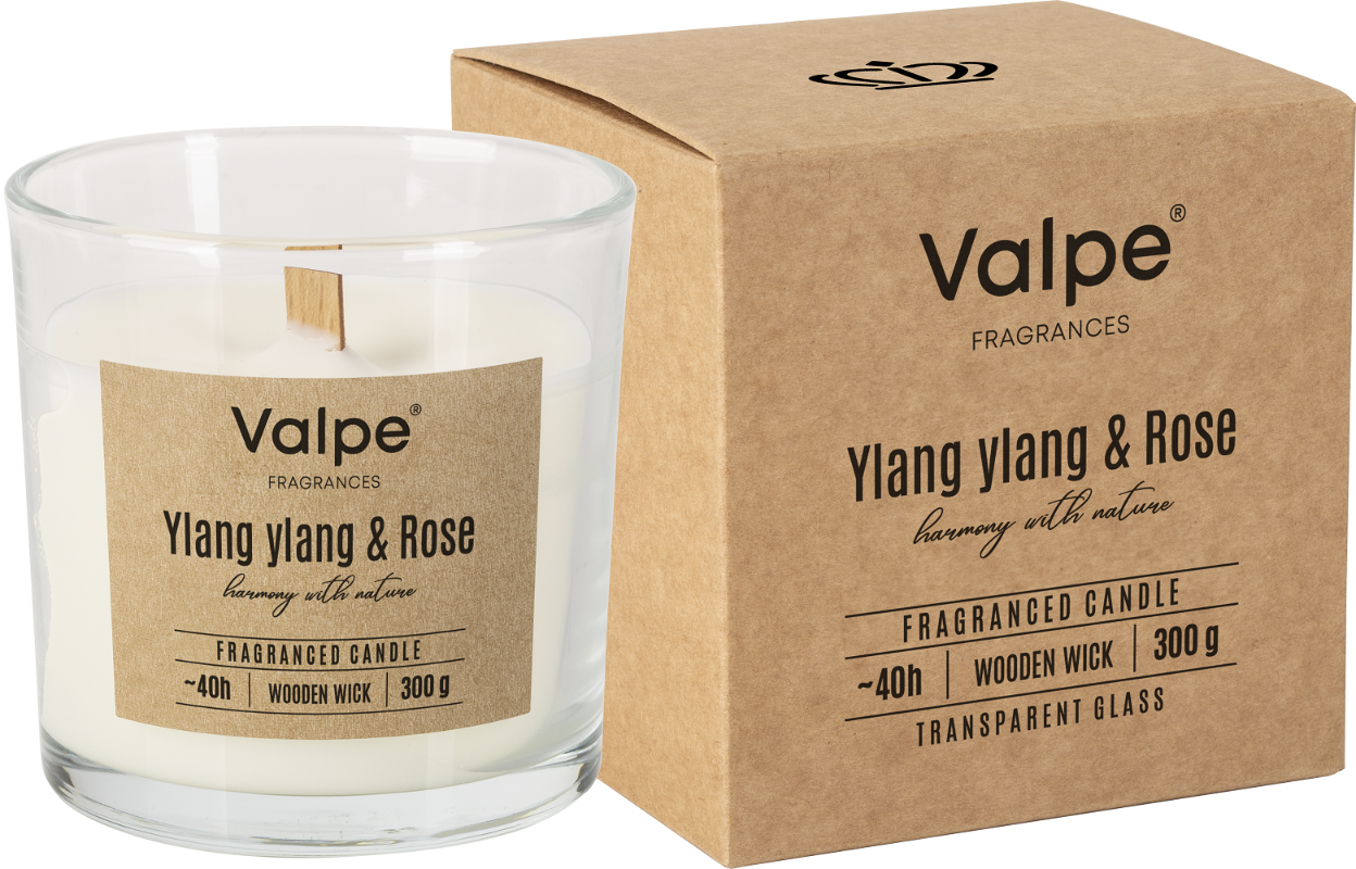 Bispol sn100-000-384 Valpe YLANG YLANG & RÓŻA świeca zapachowa w szkle z drewnianym knotem