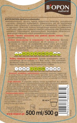Bopon Biohumus wieloskładnikowy płynny nawóz organiczno mineralny uniwersalny BiOPON 500ml